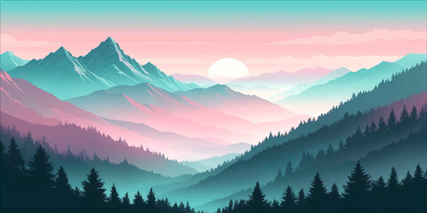 Obraz premium Sunrise over misty mountain landscape in the morning with snowy peaks, forest valley and blue sky view
