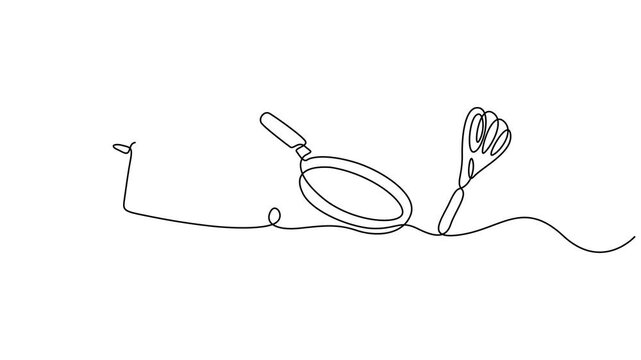 Animated self drawing of continuous line draw Whisk and rolling pin kitchen utensils. Full length one line motion