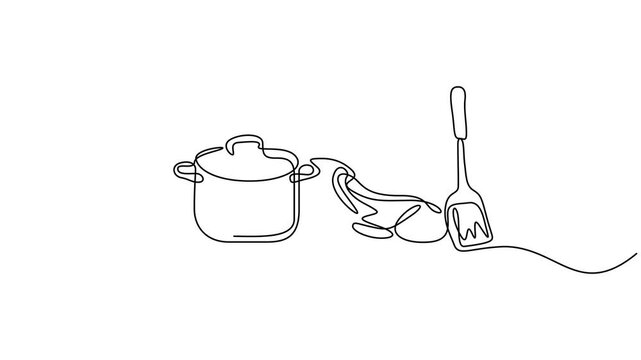 Animated self drawing of continuous line draw Whisk and rolling pin kitchen utensils. Full length one line motion