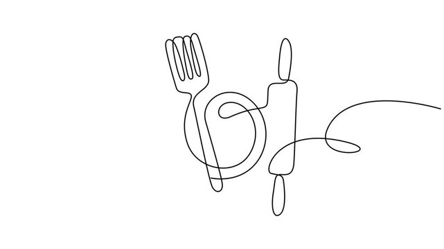 Animated self drawing of continuous line draw Whisk and rolling pin kitchen utensils. Full length one line motion