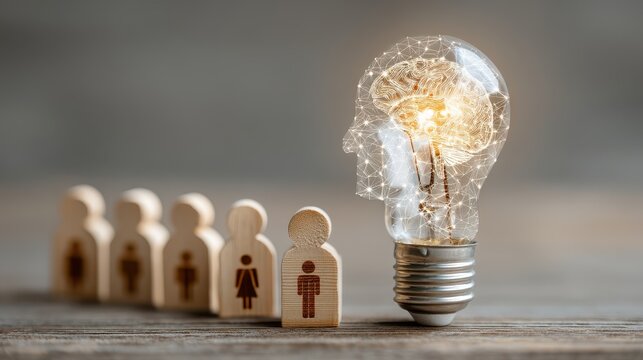 a lightbulb with brain human icons in wooden blocks Artificial intelligence innovation
