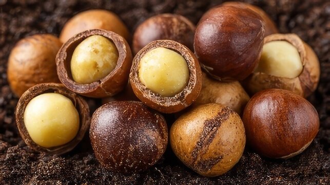 Close-up of Delicious Macadamia Nuts Shelled and Unshelled in Dirt