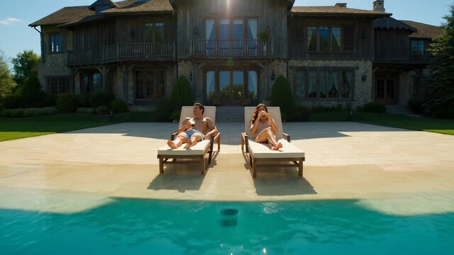 Happy couple enjoying a luxurious lifestyle, relaxing on sun loungers by a sparkling swimming pool at a grand estate mansion, sipping healthy green drinks and smiling on a sunny day.