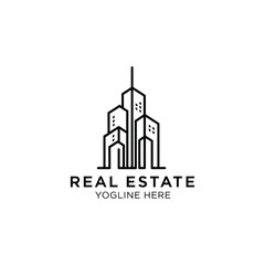 Fototapeta premium Creative real estate logo with urban skyscrapers and tagline for company brand.