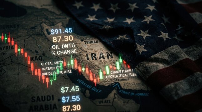 Close-Up of Iran on Map with Oil Prices and US Flag Overlay