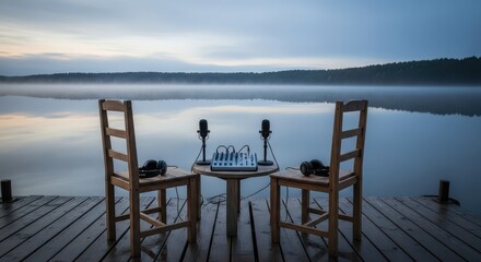 Obraz premium Audio recording equipment sits on a small table between two wooden chairs overlooking a serene misty lake at dawn.