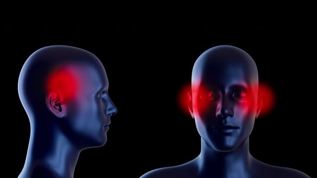 3D anatomical animation showing front and profile views of human head with localized red inflammation at temples. Motion graphic effectively illustrates tension headaches, migraines, mental stress