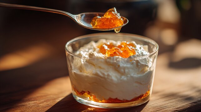 A spoon breaking into the airy whipped cream layer revealing bright citrus jelly beneath in warm afternoon light
