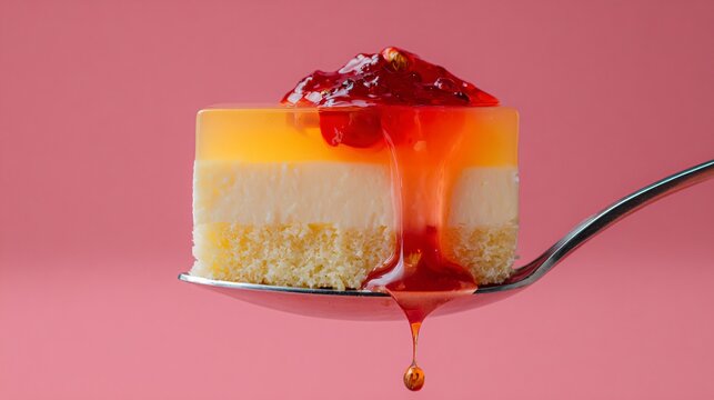 A spoon lifting a perfectly layered bite revealing sponge, custard, and jelly under bright studio lighting