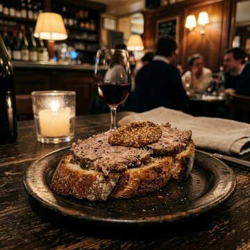 tournedos Rossini on toasted bread plate with red wine glass