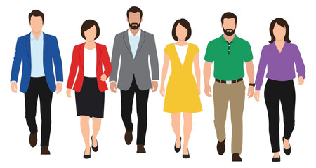 Obraz premium Diverse Business Professionals Walking Forward Together Front View Isolated on White Clean Flat Design