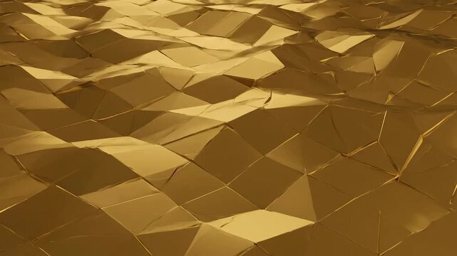 A geometric abstract image showcases golden faceted surfaces with sharp angles. The light creates depth and shadow