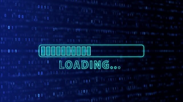 Futuristic Neon Loading Bar on Blue Digital Data binary Codes animation, technology and stream intro social media motion background