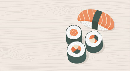 Salmon Nigiri and Maki Sushi Rolls Illustration on Light Wood Background with Copy Space © Karjani Creative