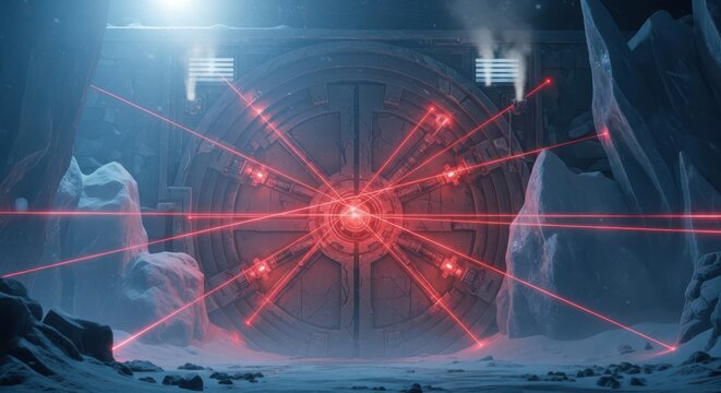 Massive circular vault door stands protected by glowing red laser beams in a snowy mountain environment.