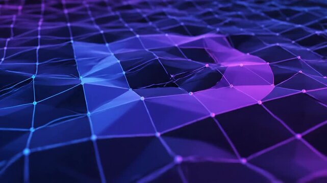 A vibrant, abstract digital surface composed of polygonal shapes, connected.  Deep blues shift to purples, adding depth, dimension