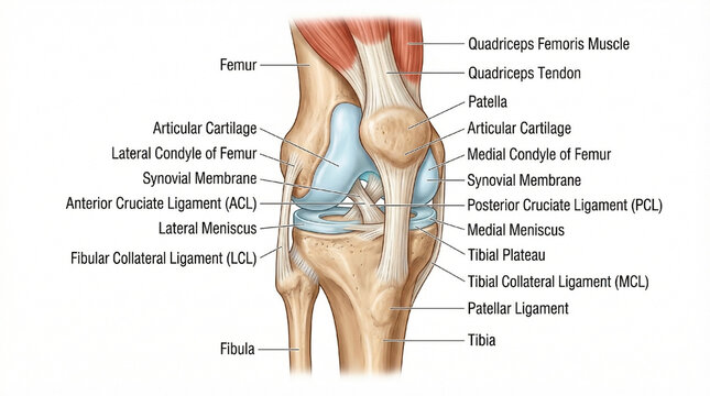 A detailed anatomical illustration of the human knee joint