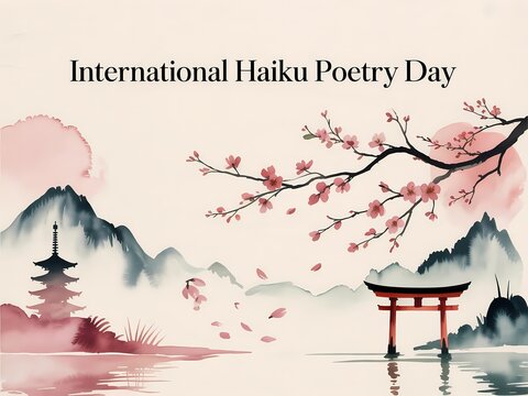 International haiku poetry day with japanese style watercolor illustration of cherry blossoms, pagoda, and torii gate in a serene landscape