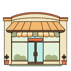 Obraz premium A colorful cartoon illustration of a storefront with a striped awning and potted plants