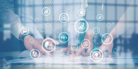 Graphic interface showing Data Analysis for Business and group of hands pointing finger at Financial report for digital business planning © iamchamp