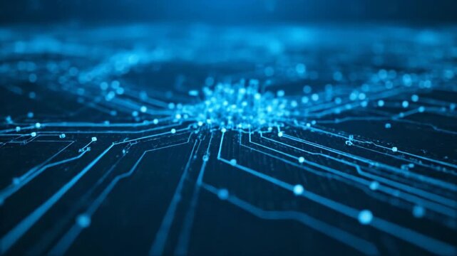 Glowing digital circuits with bright blue lines and dots on a dark background. Great graphic design