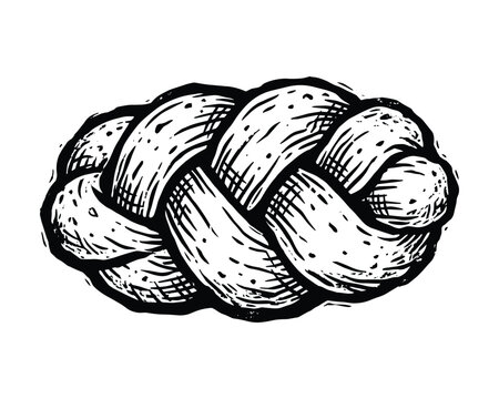 Challah bread loaf sketch illustration in hand drawn linocut style black and white isolated on background art