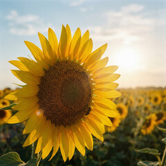 Fototapeta premium close up sunflower with bees in blooming field at golden sunset light symbolizing nature beauty pollination agriculture and summer season ideal for eco farming wellness and natural environment themes