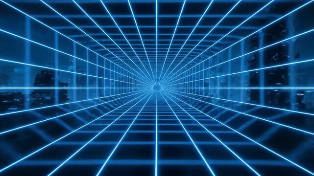 A geometric perspective with a blue light grid tunnel. A dark, modern digital structure
