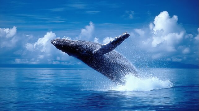 Majestic Whale Breaching in Vibrant Ocean Under Clear Blue Sky