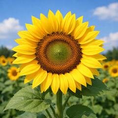 Fototapeta premium bright sunflower close up in blooming field under blue sky capturing natural beauty summer agriculture growth and vibrant floral detail ideal for farming nature wellness and eco lifestyle themes