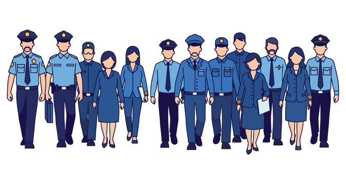 Law Enforcement Officers and Civilians Walking Together in Unified Formation Professional Flat Design