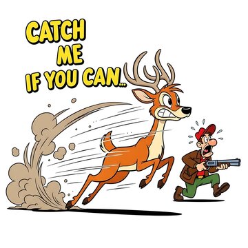 Cartoon deer running away from hunter with humorous catchphrase speech bubble