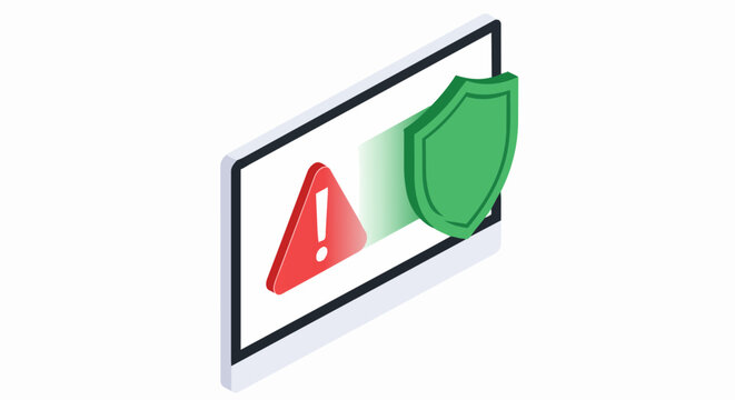 Isometric Cybersecurity Illustration of a Green Shield Protecting a Computer Monitor from Malware Warning