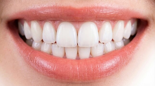 Perfectly aligned white teeth and healthy pink lips smiling close up