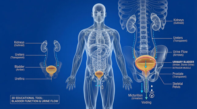 3D Medical Diagram of Male Urinary System Illustrating Kidney Function Bladder Voiding and Prostate Anatomy.