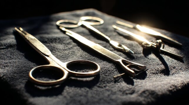 Surgical Instruments in Glowing Light on Textile Background