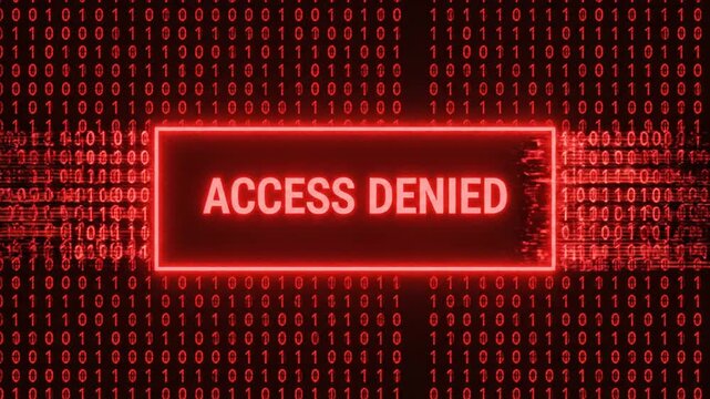 A neon red ACCESS DENIED sign glows brightly on a dark background of binary code.
