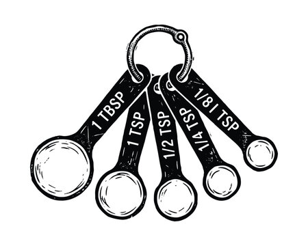 Measuring spoons set vector illustration in hand drawn linocut style with various sizes on metal ring connector