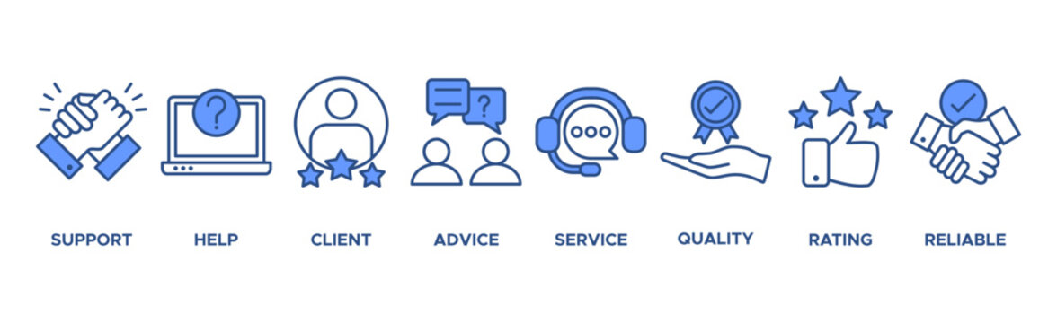 Customer care banner web icon vector illustration concept for customer support and telemarketing service with an icon of help, client, advice, chat, service, reliability, quality, and satisfaction