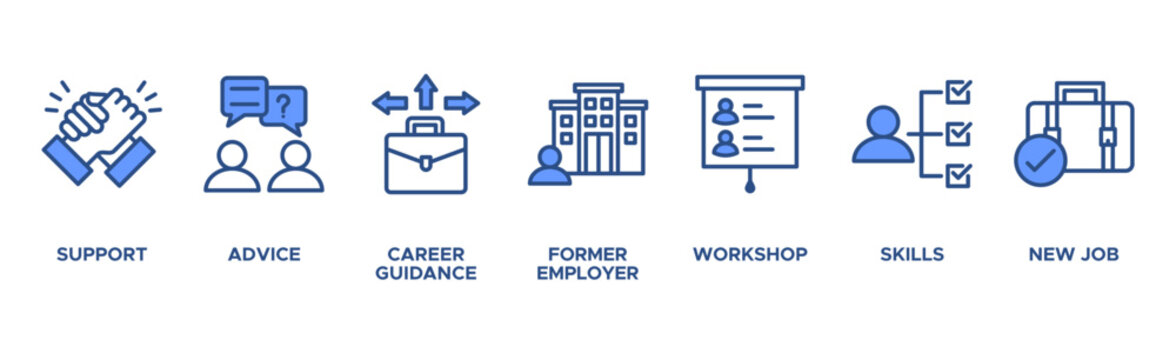 Outplacement banner web icon vector illustration concept with icon of support, advice, career guidance, former employer, workshop, skills, new job, training, and presentation