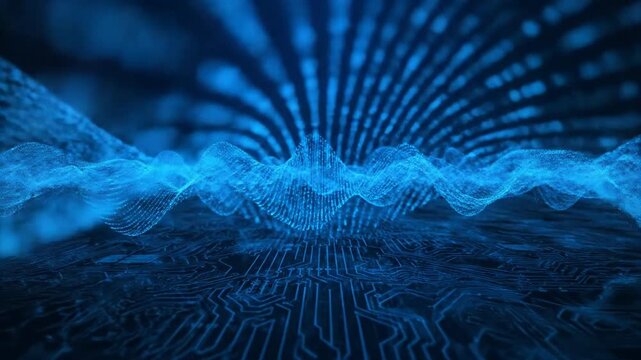 Glowing blue digital wave pattern with circuit board texture at the bottom. The waves appear to float above