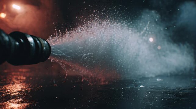 Close up of pressurized water mist spraying from a hose nozzle over a wet reflective surface, showing dynamic droplets and cinematic emergency action.