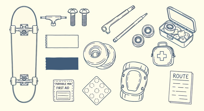 Skateboard parts and accessories sketch isolated on transparent background detailed line art illustration