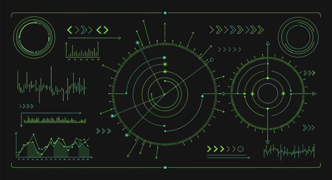 Futuristic interface with radar and data screens.