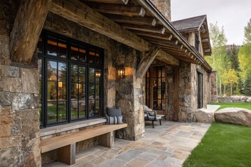 Fototapeta premium Stone house with wooden accents showcases an outdoor seating area and large windows in a natural setting on a cloudy day