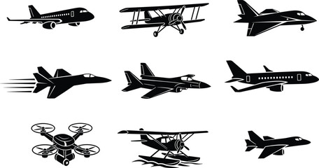Black aircraft silhouette icons set featuring commercial airplane biplane jet fighter drone and sea plane isolated on white background for aviation industry design projects and SEO. © Malati