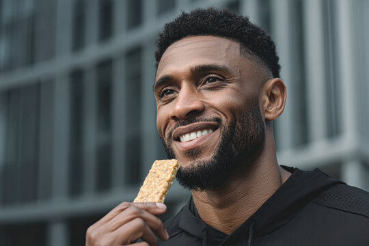 A smiling man enjoys a granola bar outdoors in an urban setting, dressed casually in a black hoodie.