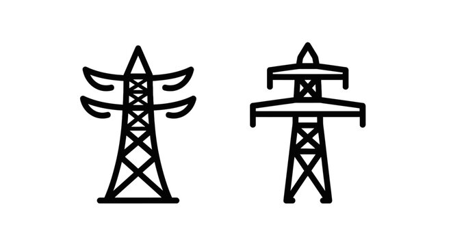 Two line art electricity pylon icons illustration with power line with white background with high voltage