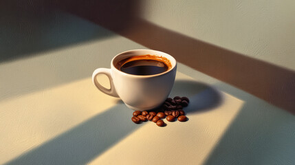 Peaceful morning with warm cup of black coffee and roasted bean painted in beautiful style of painting creating relaxing mood