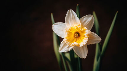 Hyper realistic photograph of an oversized daffodil with long green stem against dark background evoking sense of calm and natural beauty